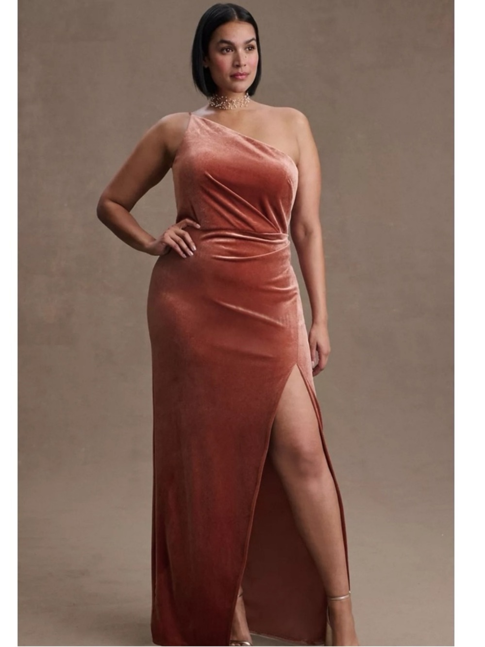 Anthropologie BHLDN Jenny Yoo Giavonna One-Shoulder Stretch Velvet Gown | Size 4